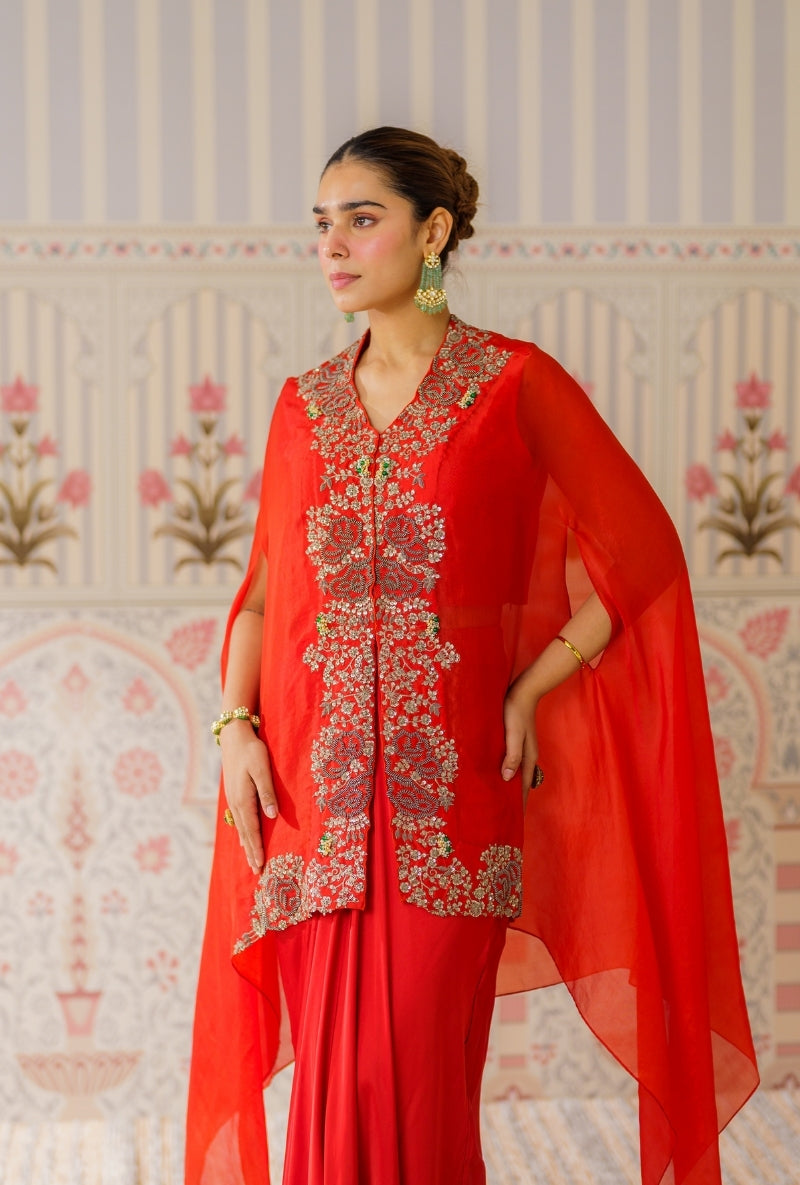 Rust Sequin And Dori Mallika Cape Set