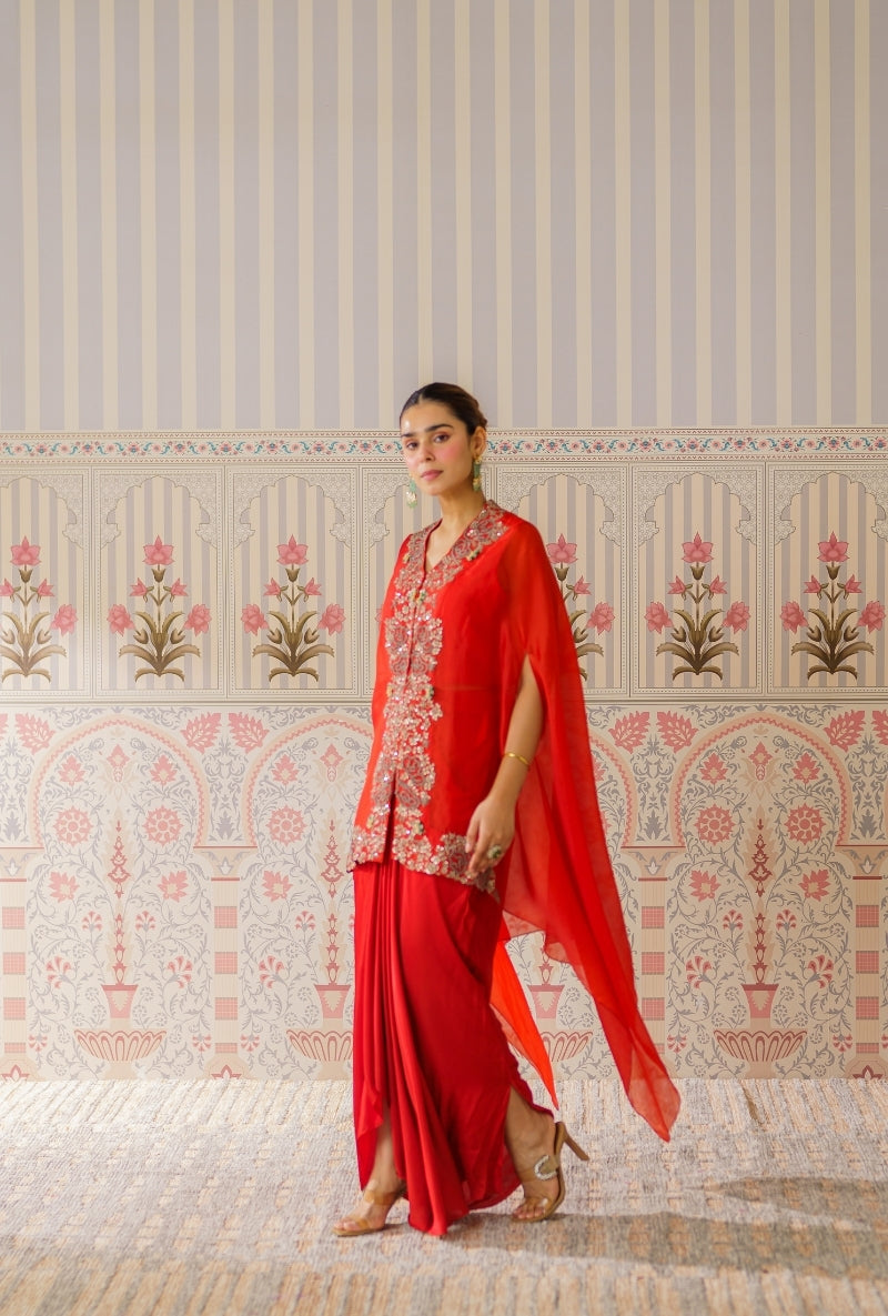 Rust Sequin And Dori Mallika Cape Set