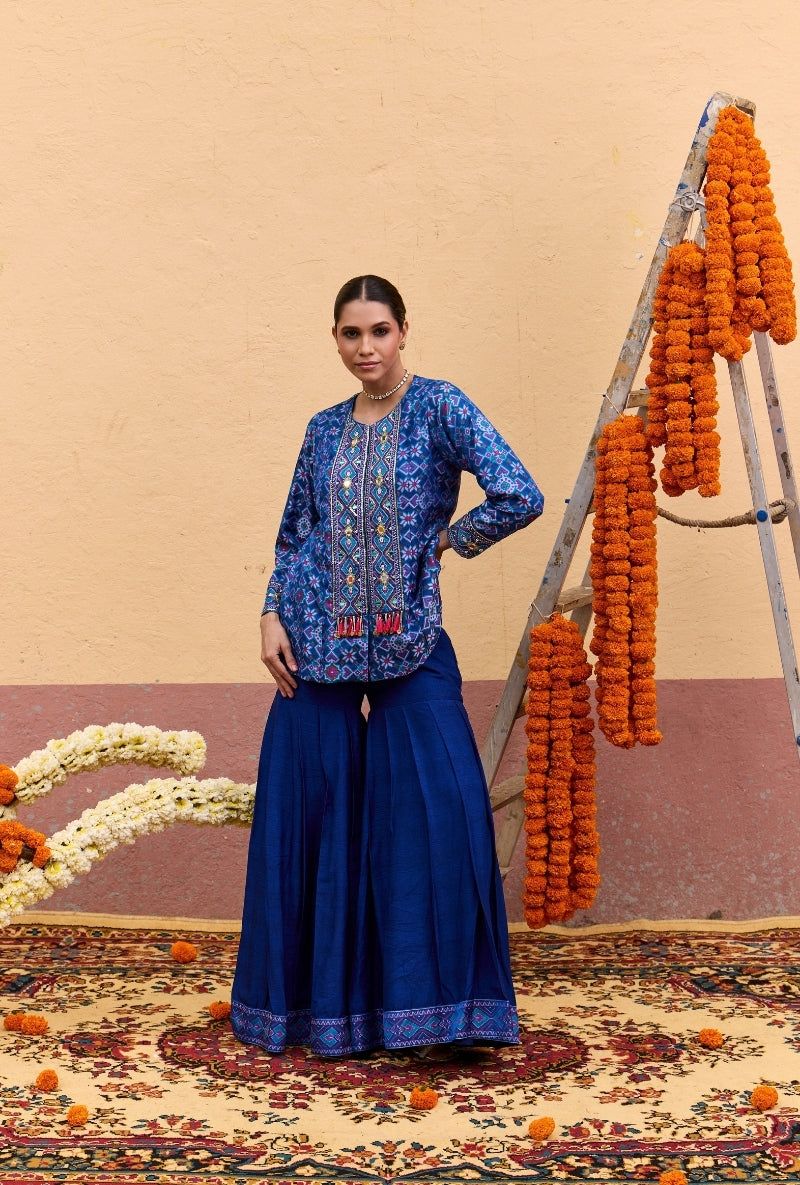 Blue Patola Embroidered Mirror And Zari  Work Oorja Jacket Set