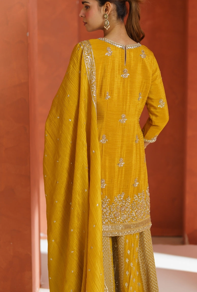 Mustard Sequin &amp; Beadwork Vira Sharara Set