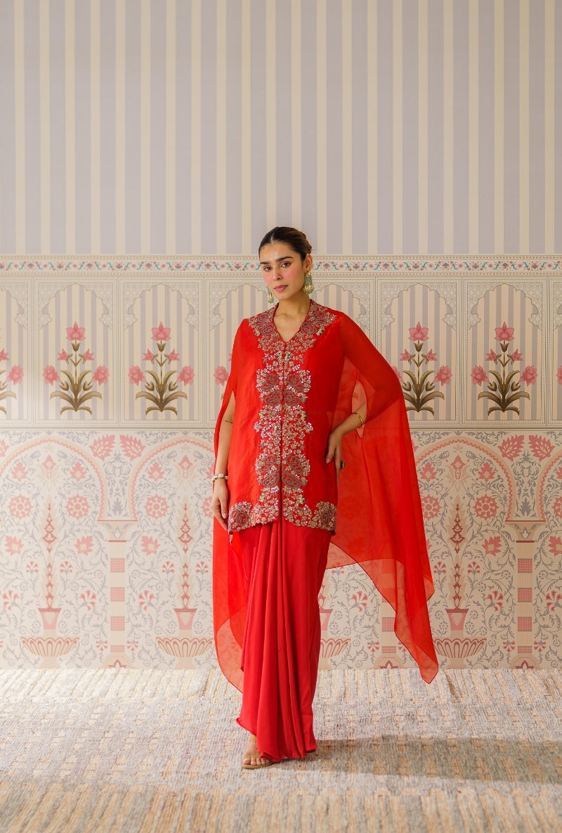 Rust Sequin And Dori Mallika Cape Set