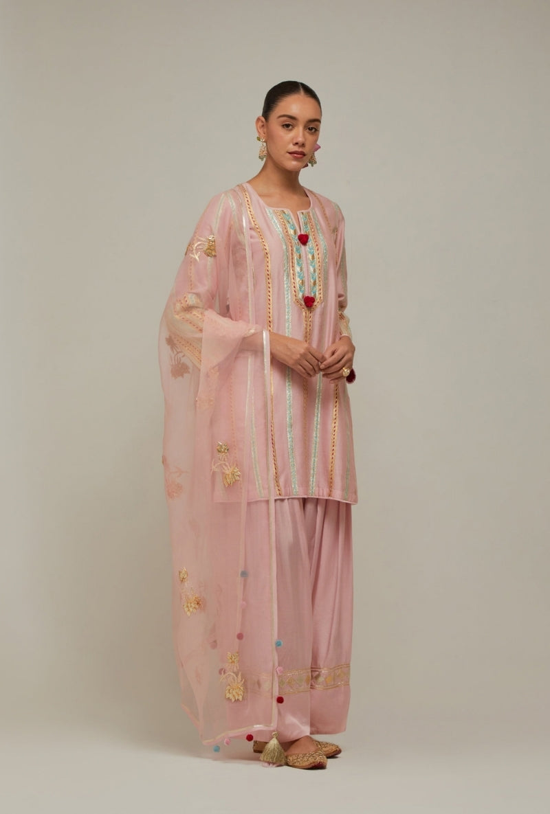 Bubblegum Pink  Multistripe Gota Short Kurta Mehreen Farshi Set