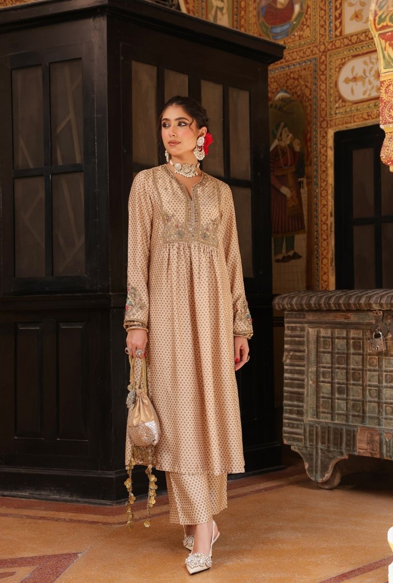 Ivory Printed Frockstyle Mehfil Kurta Set