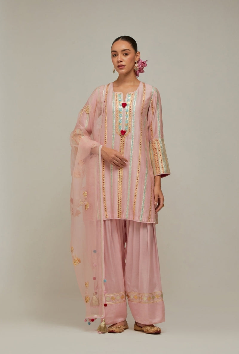 Bubblegum Pink  Multistripe Gota Short Kurta Mehreen Farshi Set