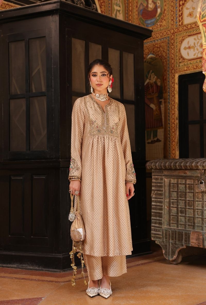 Ivory Printed Frockstyle Mehfil Kurta Set
