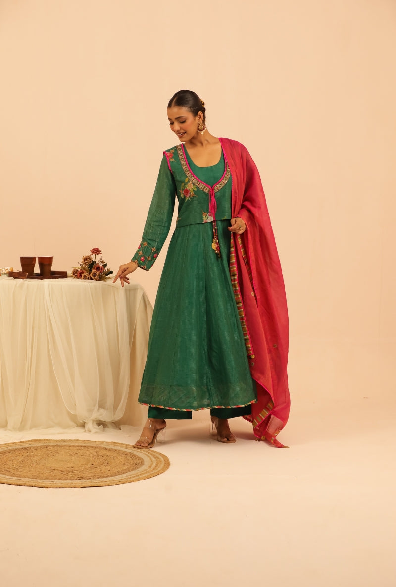 Emerald Green Floral Print Jacket Sakhi Anarakali Set