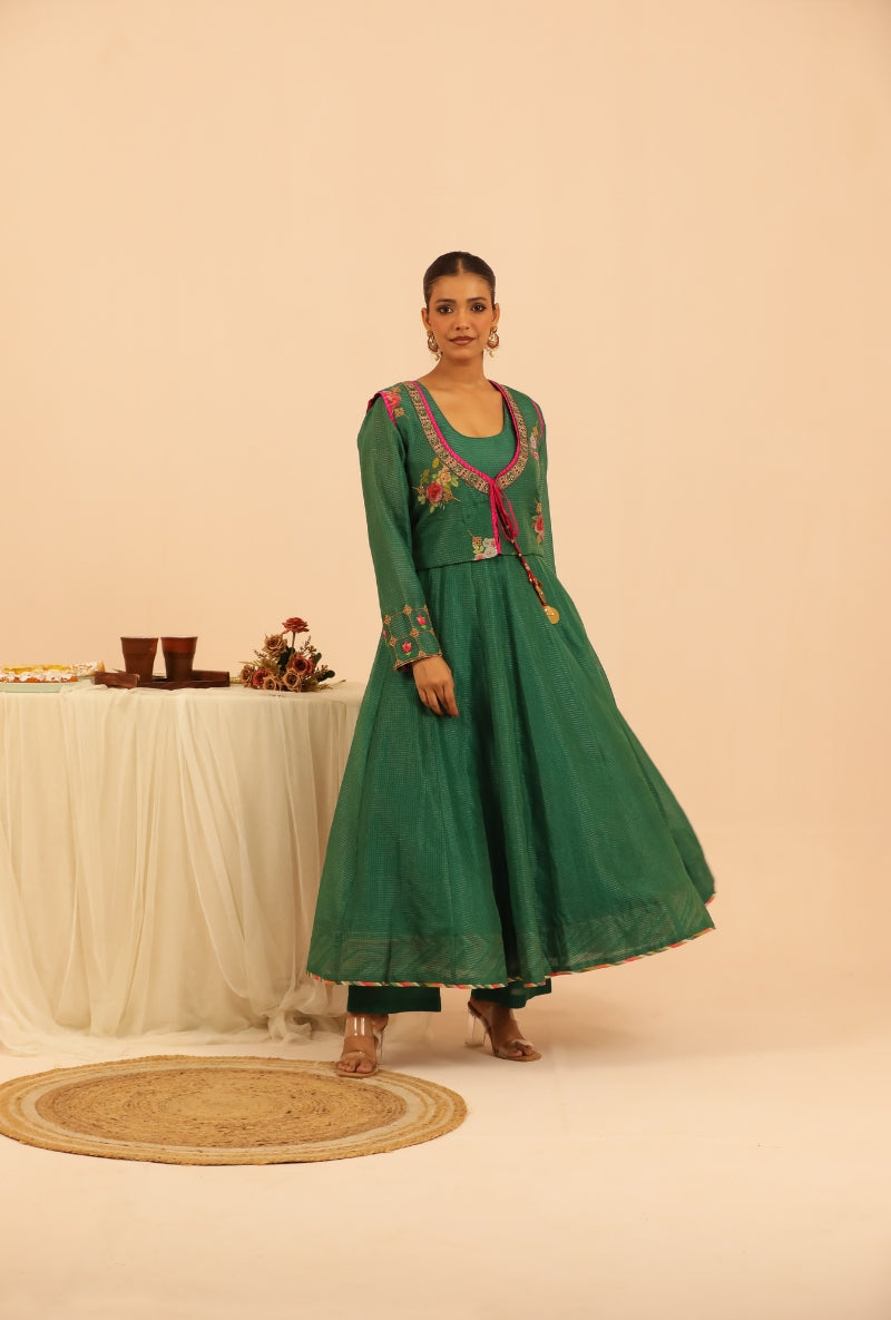 Emerald Green Floral Print Jacket Sakhi Anarakali Set