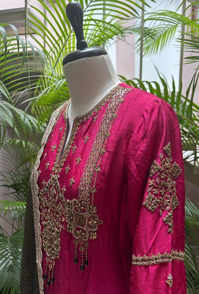 Rani Pink Hand Embroidered Jewel Yoke Surily Kurta Set