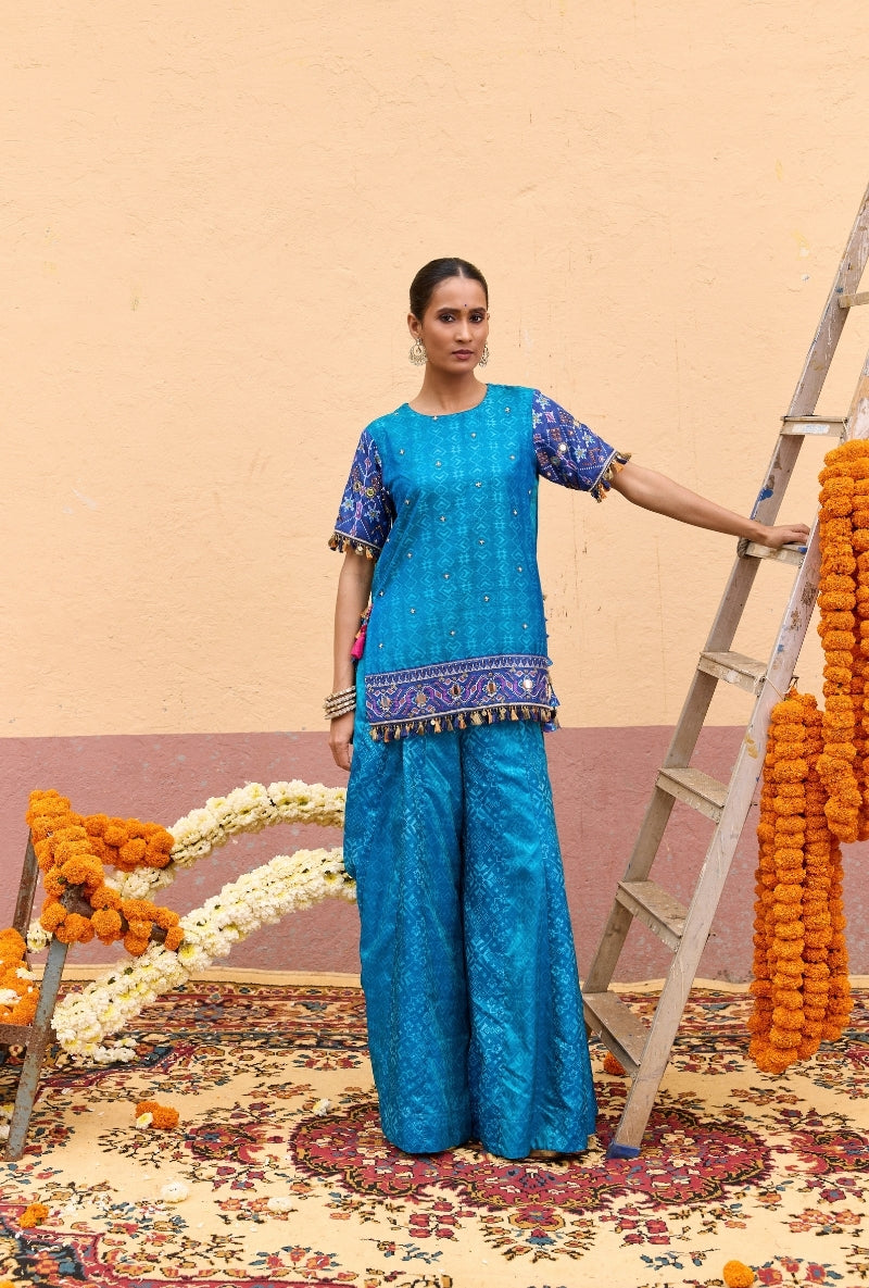 Blue Mirror Work Oorja Sharara Set