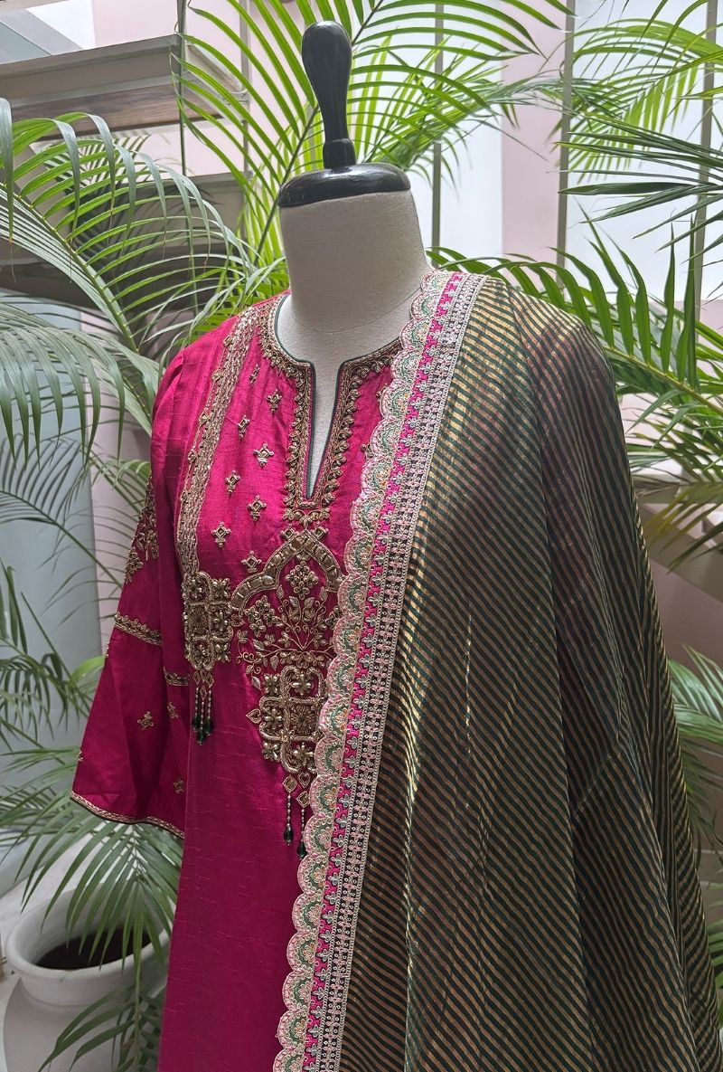 Rani Pink Hand Embroidered Jewel Yoke Surily Kurta Set