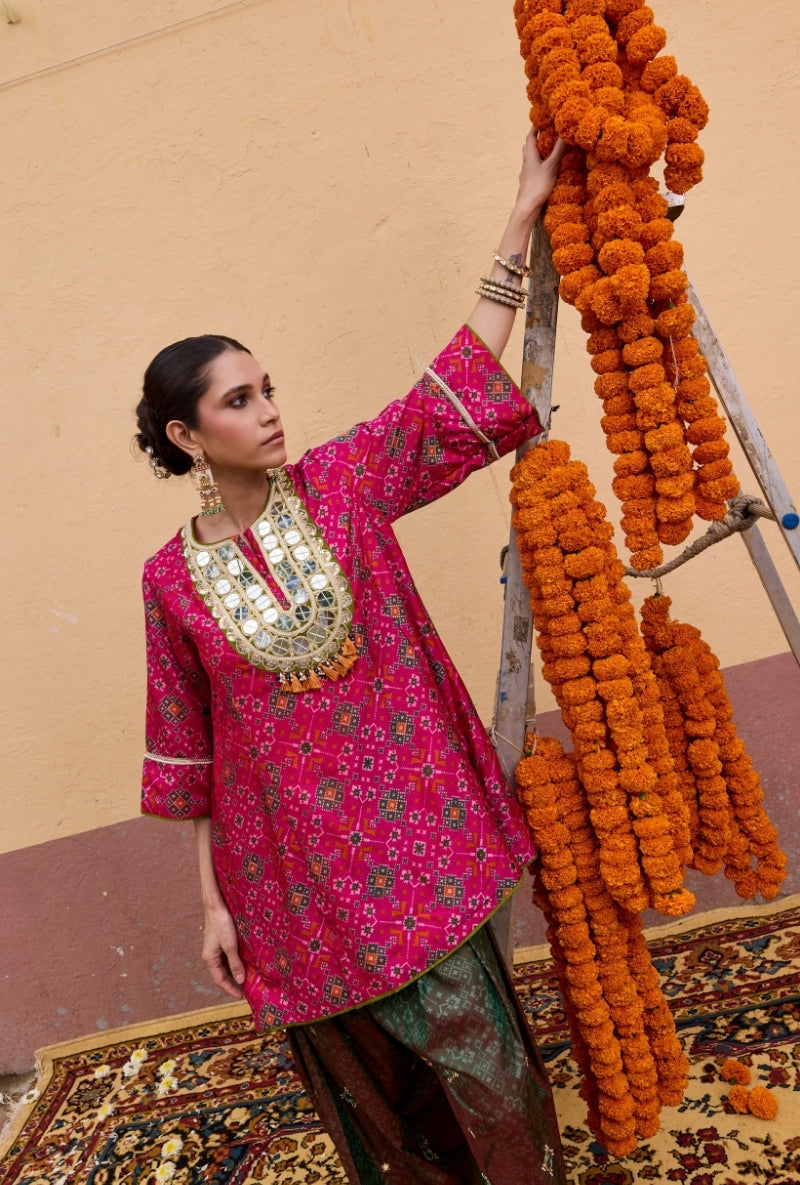 Pink Embroidered Yoke Patola Oorja Salwar Set