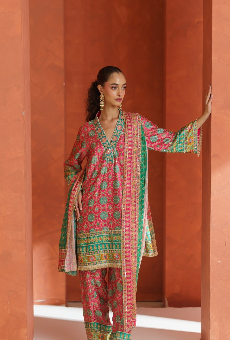 Pink Ajrak Print A-Line Vira Farshi Set