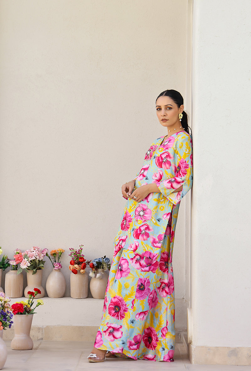Mint And Pink Garden Printed Magnolia Sharara Set