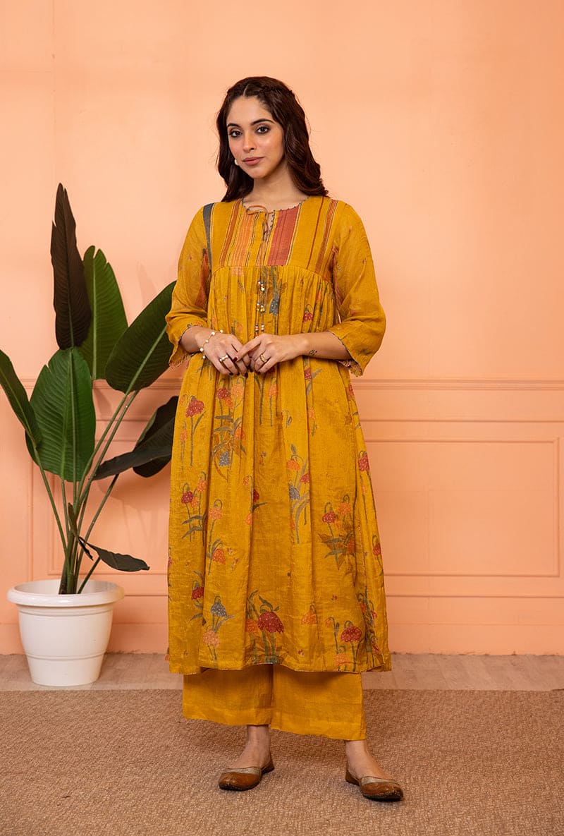 Mustard Yellow Stripe Yoke Full Chunat Sia Kurta Set