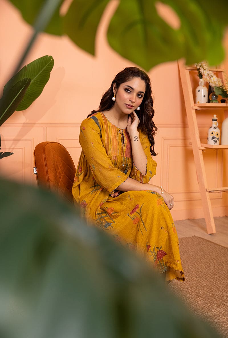 Mustard Yellow Stripe Yoke Full Chunat Sia Kurta Set