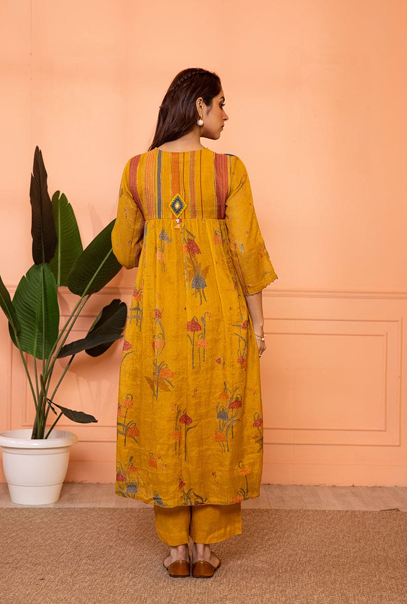 Mustard Yellow Stripe Yoke Full Chunat Sia Kurta Set