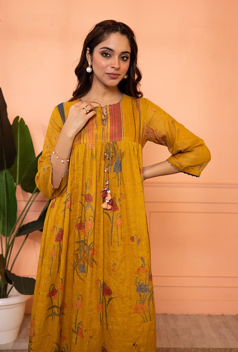 Mustard Yellow Stripe Yoke Full Chunat Sia Kurta Set