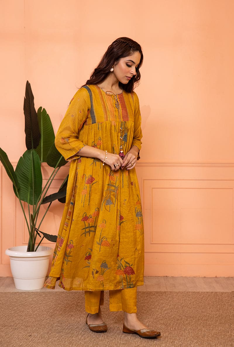 Mustard Yellow Stripe Yoke Full Chunat Sia Kurta Set