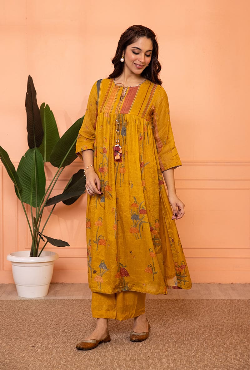 Mustard Yellow Stripe Yoke Full Chunat Sia Kurta Set