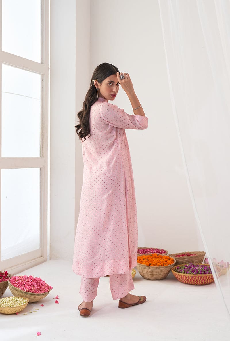 Powder Pink Polka Dot Print A-Line Iris Kurta Set