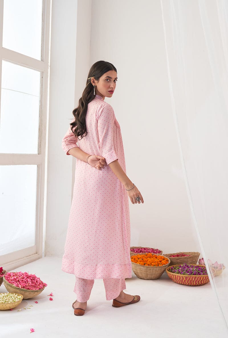 Powder Pink Polka Dot Print A-Line Iris Kurta Set