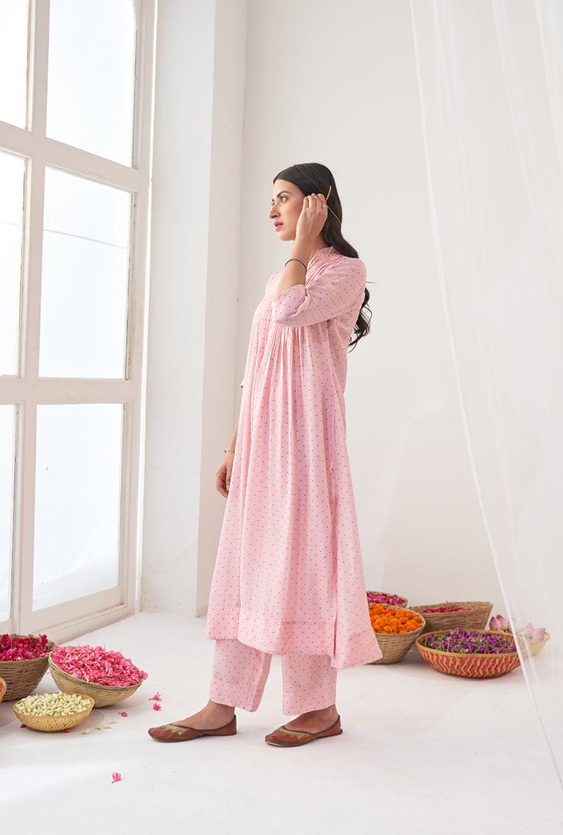 Powder Pink Polka Dot Print A-Line Iris Kurta Set