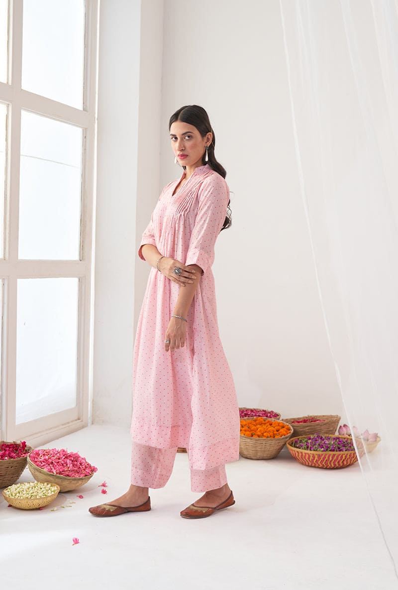 Powder Pink Polka Dot Print A-Line Iris Kurta Set