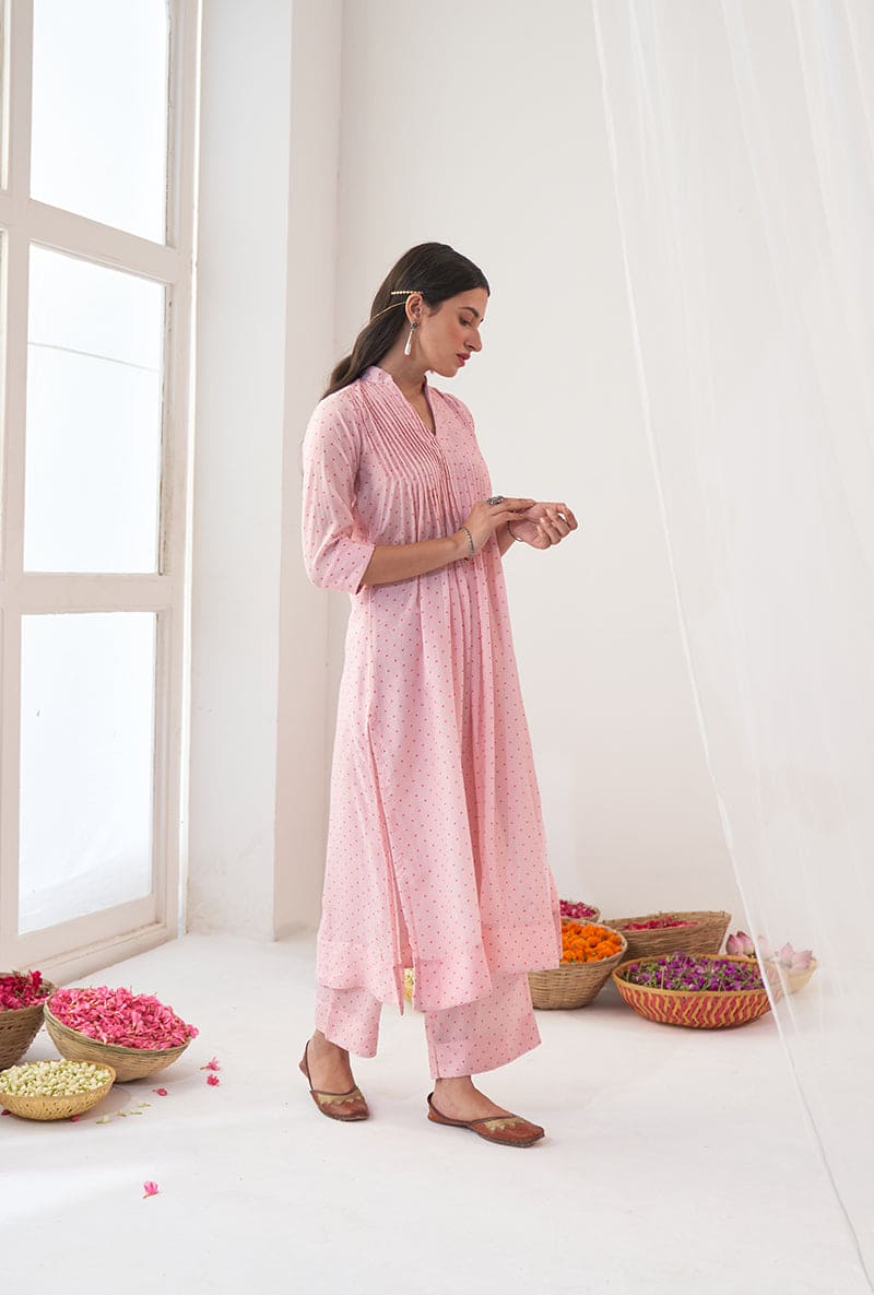 Powder Pink Polka Dot Print A-Line Iris Kurta Set