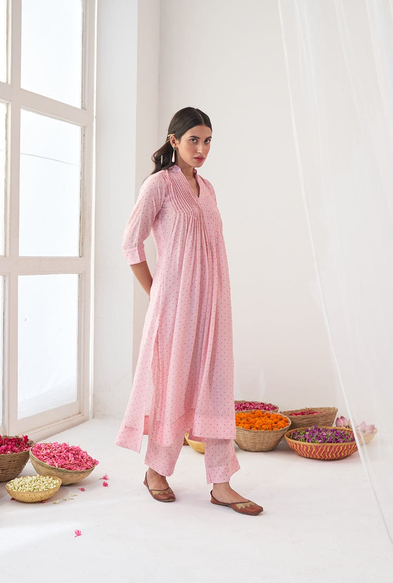 Powder Pink Polka Dot Print A-Line Iris Kurta Set