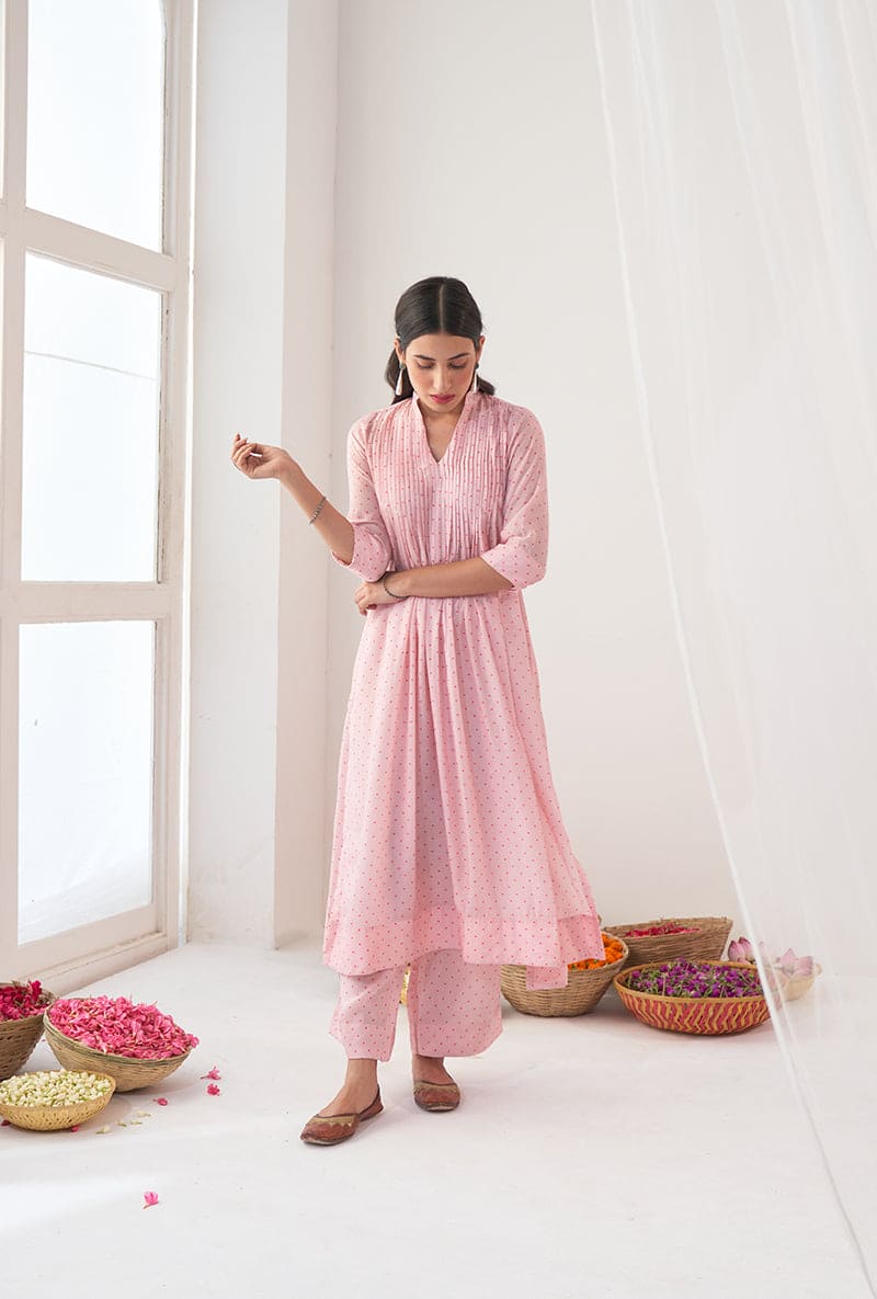 Powder Pink Polka Dot Print A-Line Iris Kurta Set