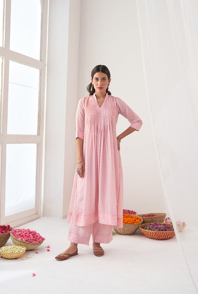 Powder Pink Polka Dot Print A-Line Iris Kurta Set