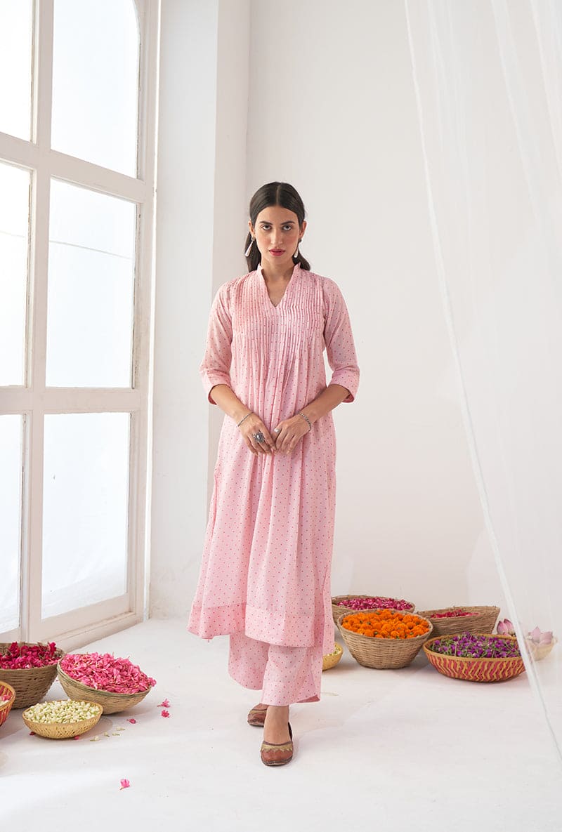 Powder Pink Polka Dot Print A-Line Iris Kurta Set