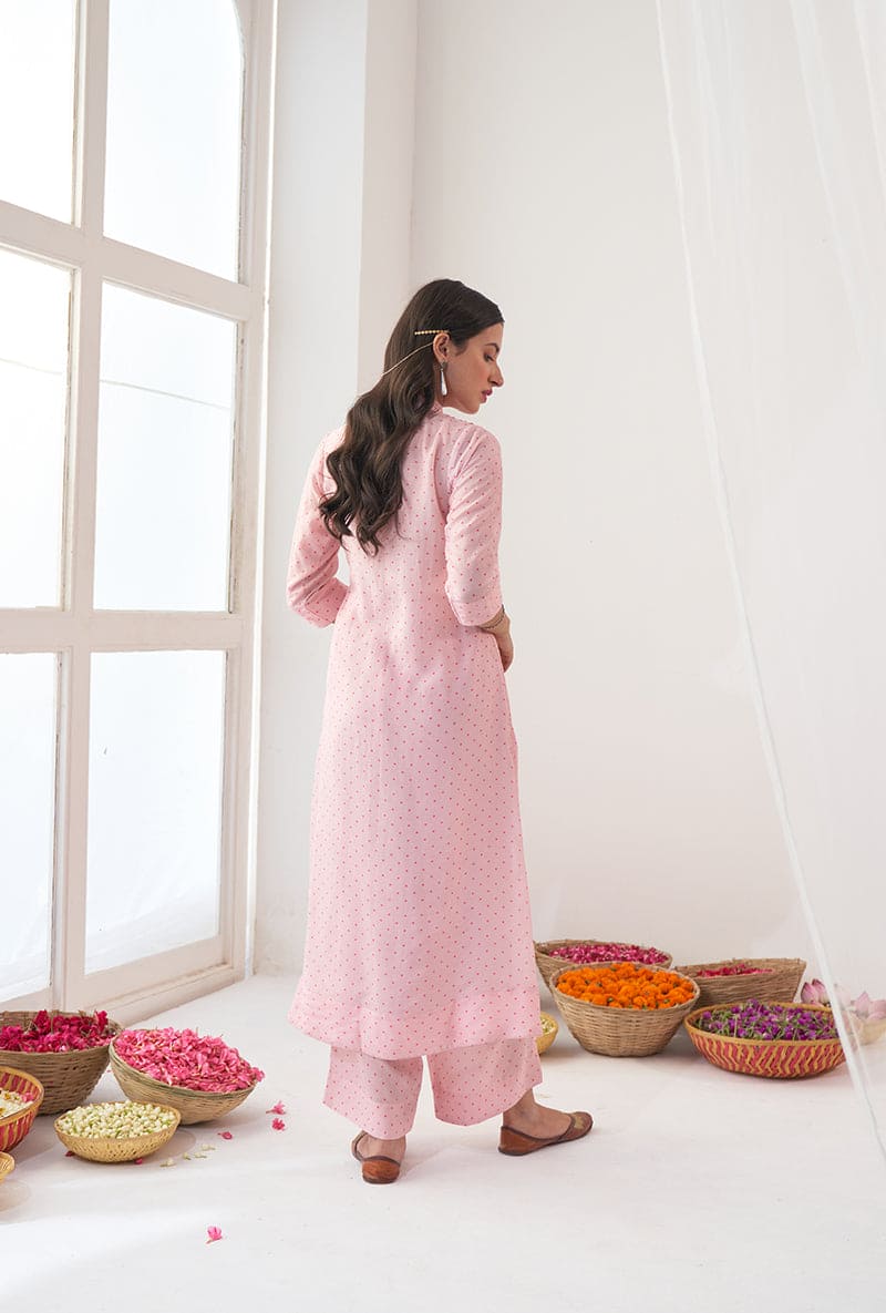 Powder Pink Polka Dot Print A-Line Iris Kurta Set