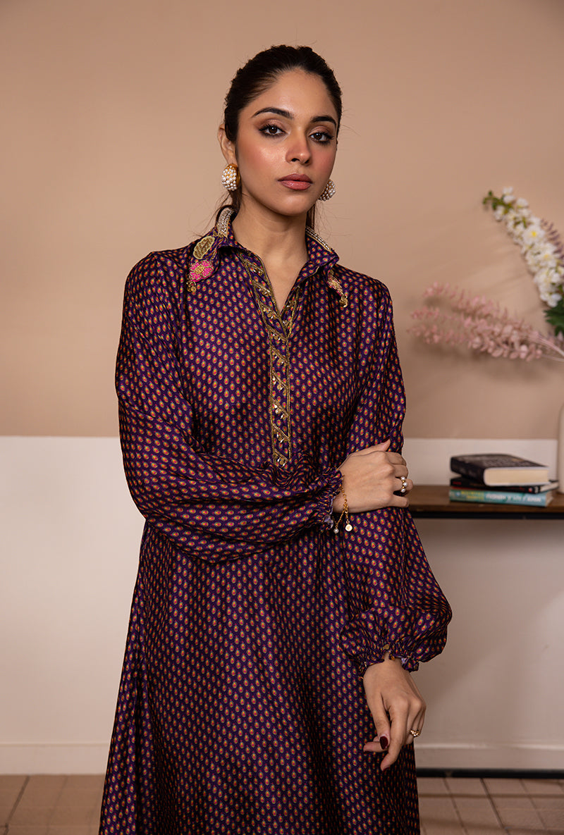Purple Cheent Print Collar Shaheen Kurta Set