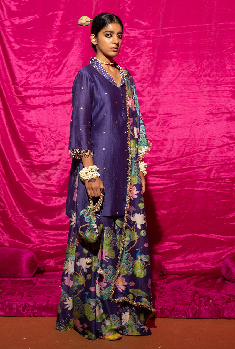 Purple Printed Kamli Sharara Set