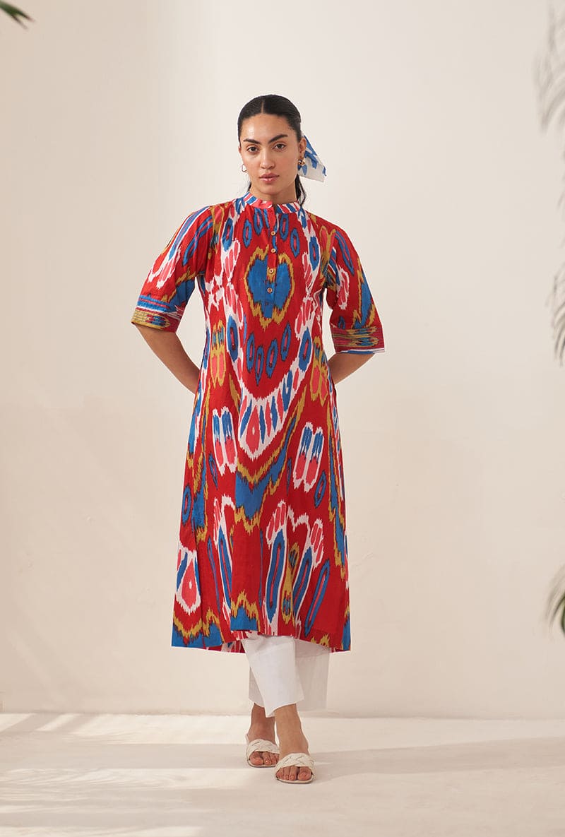 Red Multi Ikat Lovebirds Kurta Set