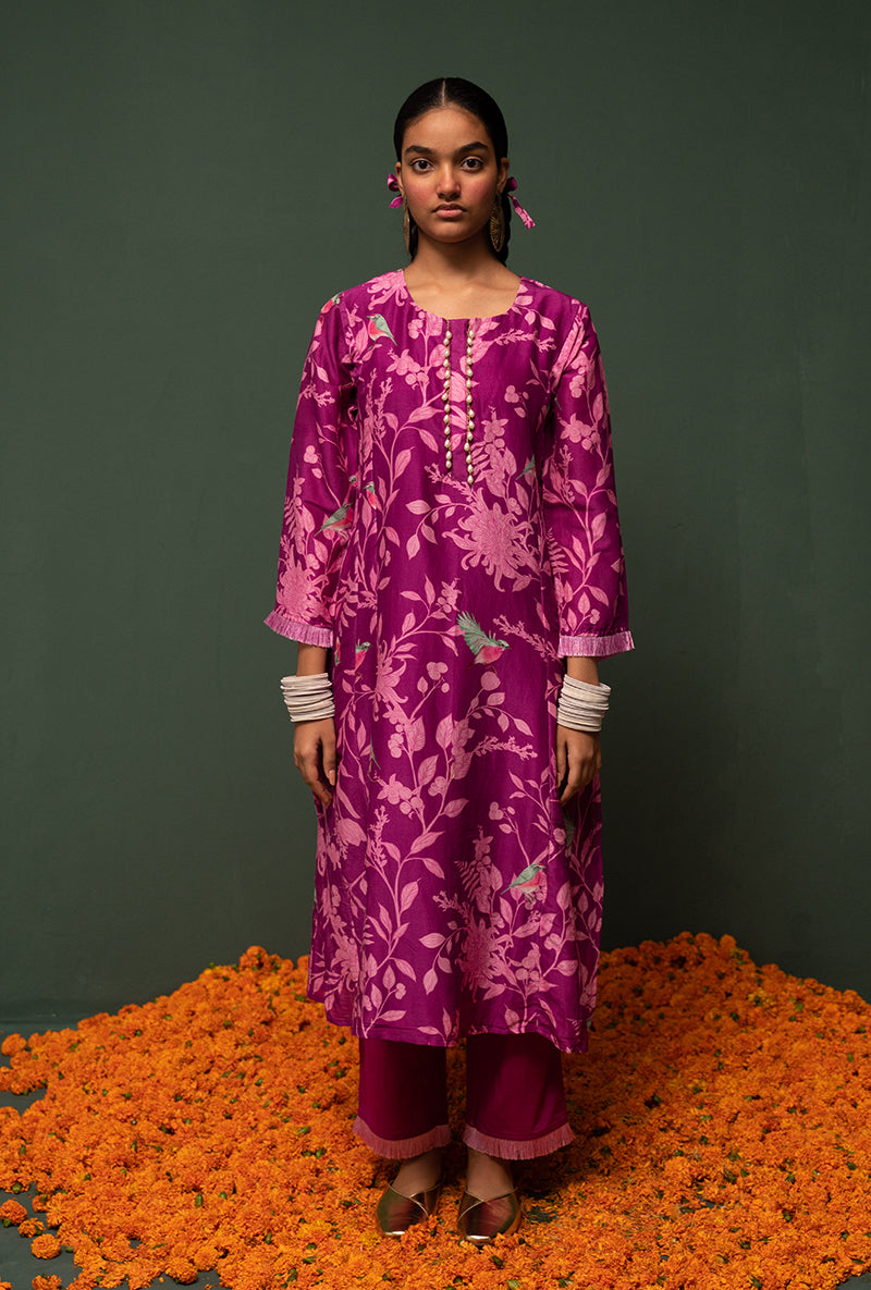 Wine Printed Long Sasha Kurta Set