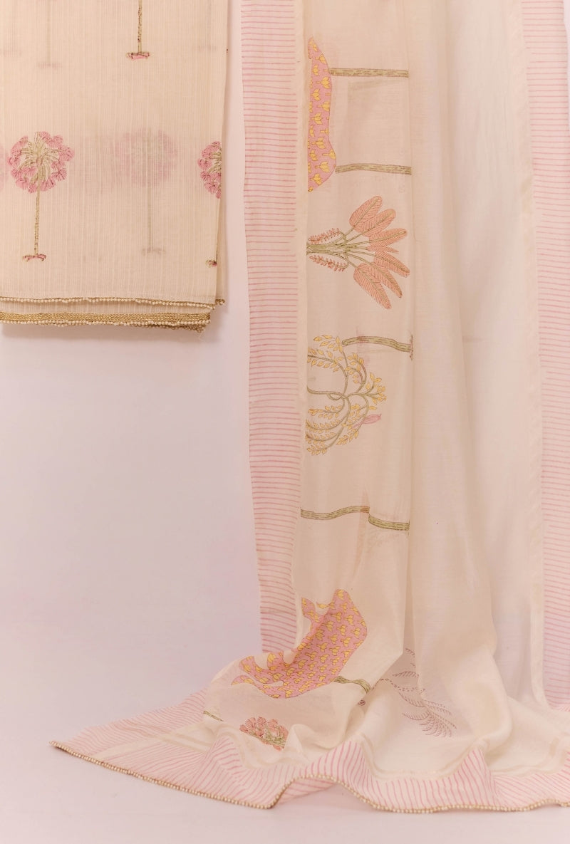 All Over Block Print Mul Chanderi Unstitched Suit Set