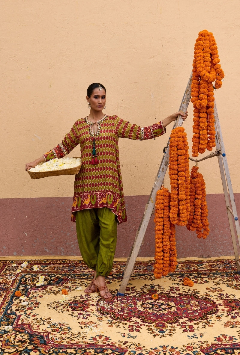 Green Ikat Asymmetric Oorja Kurta Set