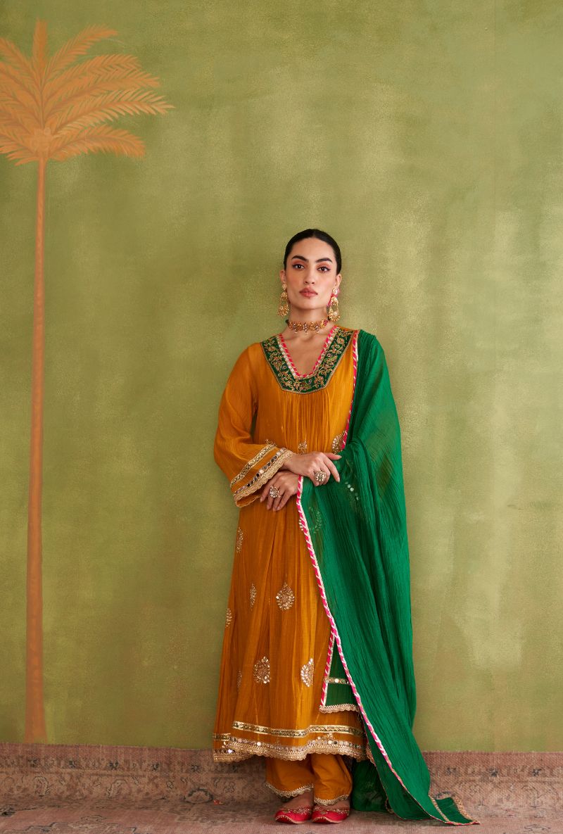 Mustard Contrast Neck Morbagh Kurta Set