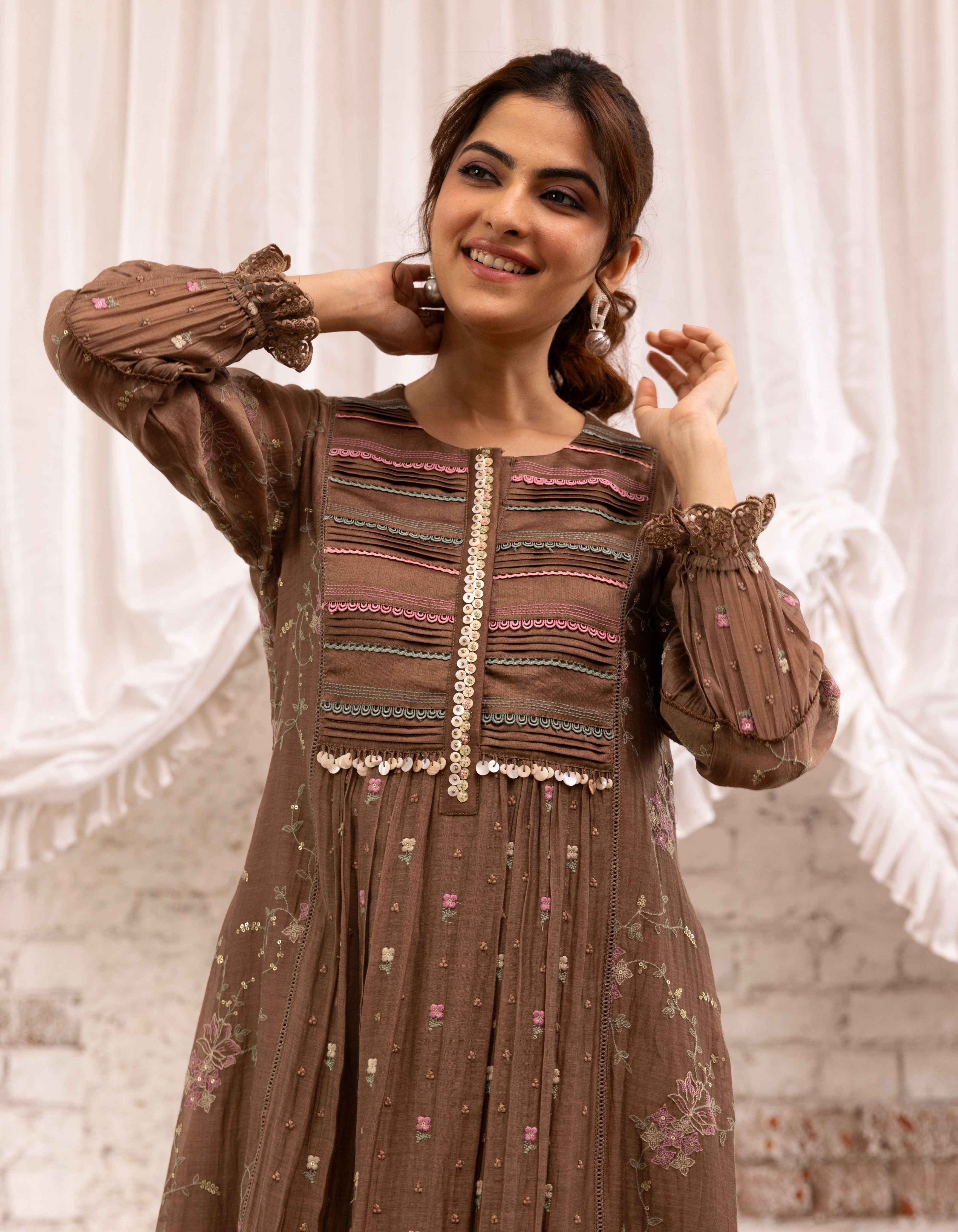 Brown Threadwork Long Yoke Noor Kurta Set
