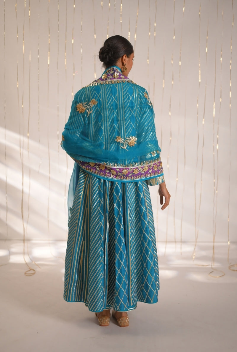 Peacock Blue Gota Lace and Patti Long Mehreen Anarkali Set