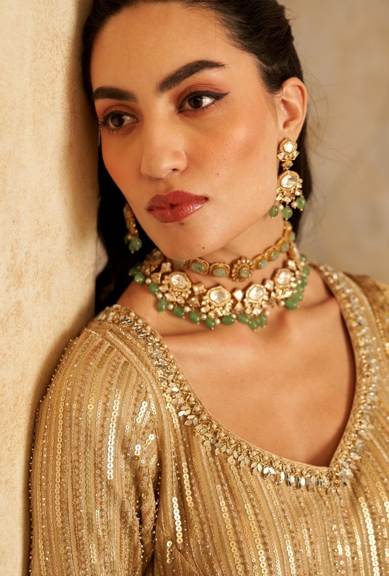 Beige Stripes Sequin Rumi Gharara Set