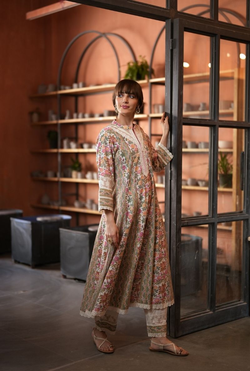Ivory Handblock Floral Print Kalidaar Raisa Kurta Set