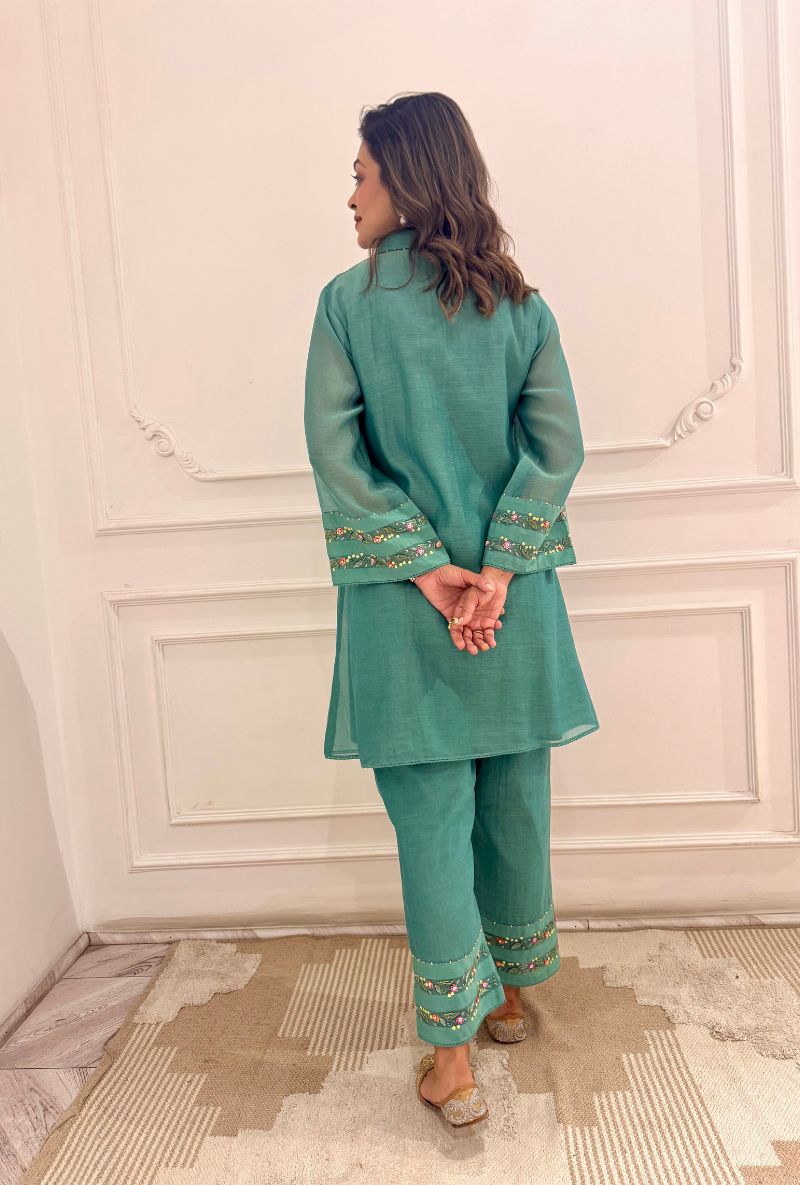 Meghna Nayyar in Matcha Green Collar  Embroidered Zia Co-ord Set