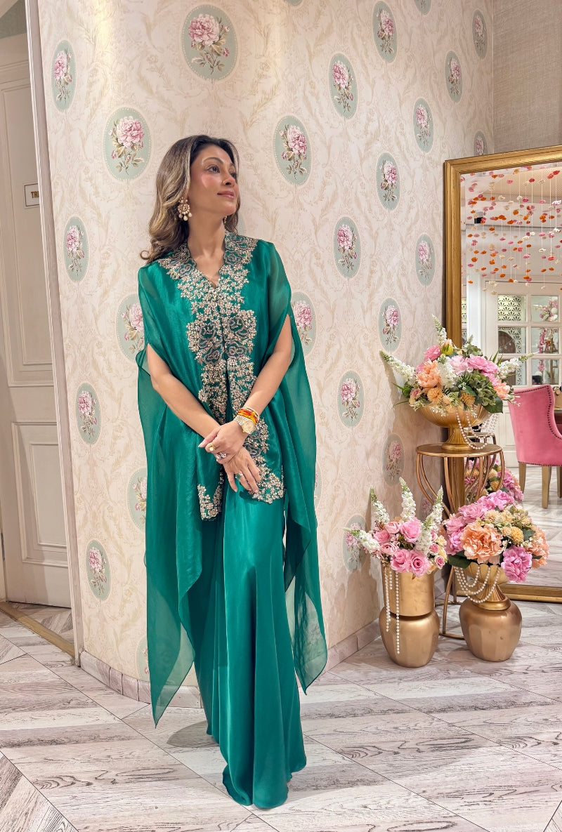 Meghna Nayyar in Bottle Green Sequin and Dori Mallika Cape Set
