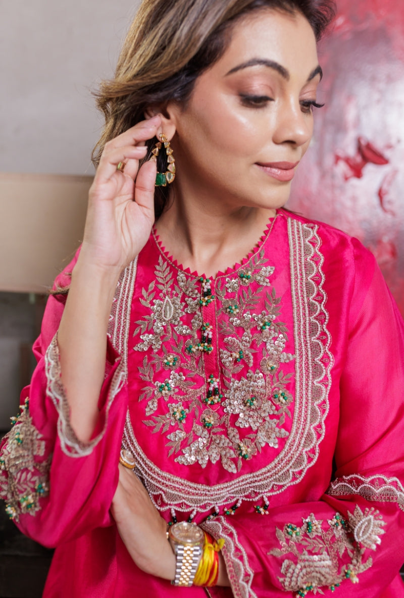Meghna Nayyar in Rani Pink Dabka Long Yoke Drape Skirt Set