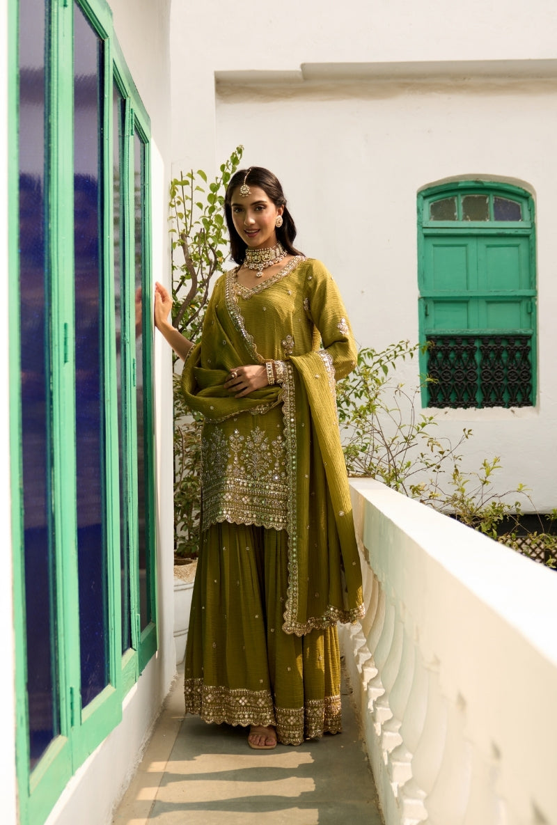 Green Bead Work Nadira Sharara Set