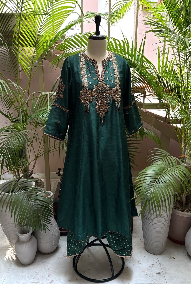 Emerald Green Hand Embroidered Jewel Yoke Surily Kurta Set