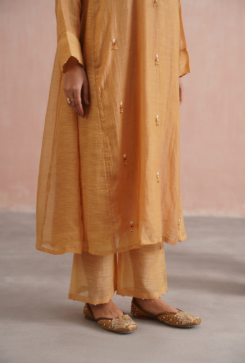 Apricot Peach Pearl and Jewels Embroidered Prisha Kurta Set